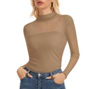 Womens Long Sleeve Mesh Top Mock Neck Sheer Shirt See Through Blouse | soft and stretchy double-layer mesh fabric, elegant slim fit, chic and feminine touch, stylish ruched blouse for streetwear