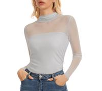 Womens Long Sleeve Mesh Top Mock Neck Sheer Shirt See Through Blouse | soft and stretchy double-layer mesh fabric, elegant slim fit, chic and feminine touch, stylish ruched blouse for streetwear