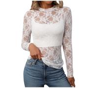 Women's Long Sleeve Mesh Tops Mock Neck Sheer Blouse See Through Floral Lace Tops Crew Neck Summer Slim Fit T-Shirts Y2k Going Out Tees Party Clubwear Shirts Vacation Outfits