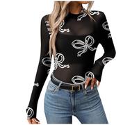 Women's Long Sleeve Mesh Tops Mock Neck Sheer Blouse See Through Floral Lace Tops Crew Neck Summer Slim Fit T-Shirts Y2k Going Out Tees Party Clubwear Shirts Vacation Outfits