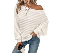 Women's Long Sleeve Off-The-Shoulder Knitted Jumper Winter Plain Jumper Slash Neck Pullover Off Shoulder Winter Pullover (White, XL)