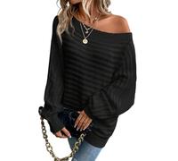 Women's Long Sleeve Off-The-Shoulder Knitted Jumper Winter Plain Jumper Slash Neck Pullover Off Shoulder Winter Pullover (Black, S)