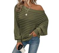 Women's Long Sleeve Off-The-Shoulder Knitted Jumper Winter Plain Jumper Slash Neck Pullover Off Shoulder Winter Pullover (Green, L)
