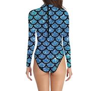 Women's Long Sleeve One-Piece Mermaid Fish Scales 3D Print Swimsuit with Zip Back Swimwear Surf Suit Rash Guard Beach Fashion for Summer Holiday Swimming, #008-Light Green, 3XL