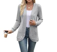 Womens Long Sleeve Open Front Cardigan Casual V-Neck Relaxed Fit Ribbed Knit Sweater Outerwear with Pockets Grey