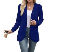 Womens Long Sleeve Open Front Cardigan Casual V-Neck Relaxed Fit Ribbed Knit Sweater Outerwear with Pockets Blue
