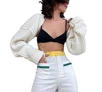 Women's Long Sleeve Open Front Crop Cardigan Crochet Knit Bolero Shrug Drop Shoulder Solid Cardigan Cover Ups Outerwear (White#2, One Size)