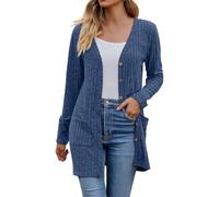 Women's Long Sleeve Open Front Ribbed Knit Cardigans Loose Fit Button Up V-Neck Draped Lightweight Longline Waterfall Cardigan Sweater Tops Solid Casual Knitwear Jumpers with Pockets