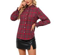 Womens Long Sleeve Plaid Shirt Ruffled Collar Casual Tops Button Down Lightweight Blouse, Red, M