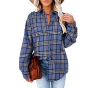 Women's Long Sleeve Plaid Shirts Flannel Collared Button Down Shacket Casual Rolled Up Boyfriend Blouse Tops (blue, XXL)