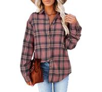 Women's Long Sleeve Plaid Shirts Flannel Collared Button Down Shacket Casual Rolled Up Boyfriend Blouse Tops (pink, L)