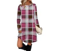 Women's Long Sleeve Plaid Tunic Dress Button Cuff Loose Fit Swing Skater Checkered Pattern Soft Knit Printed Tartan Check Flared Round Neck Plus Size A-Line Mini Shirt Dress with Pockets Outfits