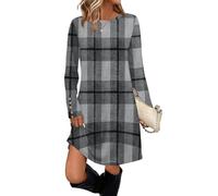 Women's Long Sleeve Plaid Tunic Dress Button Cuff Loose Fit Swing Skater Checkered Pattern Soft Knit Printed Tartan Check Flared Round Neck Plus Size A-Line Mini Shirt Dress with Pockets Outfits