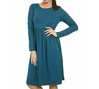 Womens Long Sleeve Plain Swing Midi Dress Ladies Flared Skater Midi Dress Pleated Jersey Casual Dress Size UK 8-26 Teal