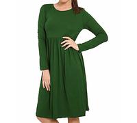 Womens Long Sleeve Plain Swing Midi Dress Ladies Flared Skater Midi Dress Pleated Jersey Casual Dress Size UK 8-26 Bottle Green