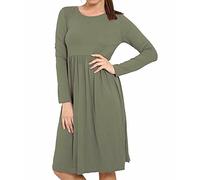 Womens Long Sleeve Plain Swing Midi Dress Ladies Flared Skater Midi Dress Pleated Jersey Casual Dress Size UK 8-26 Khaki