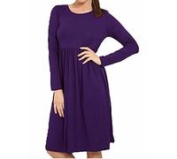 Womens Long Sleeve Plain Swing Midi Dress Ladies Flared Skater Midi Dress Pleated Jersey Casual Dress Size UK 8-26 Purple