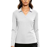Womens Long Sleeve Polo Shirts UK Collared V Neck Blouse Ladies Slim Fit Quick Dry Stretchy Athletic Tops Classic Solid Color Sweatshirts for Golf Running Gym Office Sport Everyday Wear White