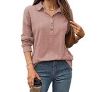 Women's Long Sleeve Poloneck Top - Textured Knit Button Half-Placket Jumper for Casual, Office & Daily Wear (Pink, 2XL)