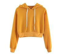 Women's Long Sleeve Pullover Drawing String Sweatshirts Top Solid Coloured Hooded Blouse Top Ladies Summer, yellow, XS
