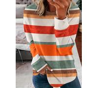 Women's Long Sleeve Round Neck Retro Stripe Print Casual Sweatshirt | Soft knit fabric, vintage horizontal stripe pattern, curved hem, relaxed silhouette for everyday out-and-about wear