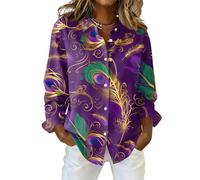 Women's Long Sleeve Satin Blouse, Vintage Patterned Oversized Button Down Shirt with Mardi Gras Print, Elegant Party Casual Work Wear for Ladies Carnival and Fancy Dress Theme Party
