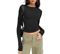 Womens Long Sleeve Scoop Neck Lace Trim Slim Fitted Casual Tee Tops Slim Basic T-Shirts Fit Going Out Crop Tops (UK, Alpha, XL, Regular, Regular, Black)