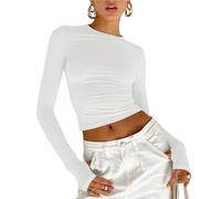Womens Long Sleeve Scoop Neck Lace Trim Slim Fitted Casual Tee Tops Slim Basic T-Shirts Fit Going Out Crop Tops (UK, Alpha, L, Regular, Regular, White)
