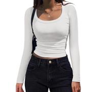 Women's Long Sleeve Scoop Neck Shirts Casual Slim Fit Rib Knit Tops Summer Fall Basic Business Work Tee(White,XL)