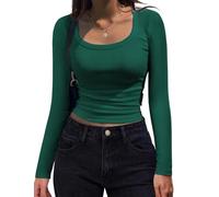 Women's Long Sleeve Scoop Neck Shirts Casual Slim Fit Rib Knit Tops Summer Fall Basic Business Work Tee(Green,XS)
