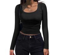 Women's Long Sleeve Scoop Neck Shirts Casual Slim Fit Rib Knit Tops Summer Fall Basic Business Work Tee(Black,L)