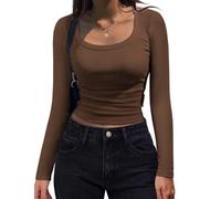 Women's Long Sleeve Scoop Neck Shirts Casual Slim Fit Rib Knit Tops Summer Fall Basic Business Work Tee(Brown,XXL)