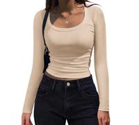 Women's Long Sleeve Scoop Neck Shirts Casual Slim Fit Rib Knit Tops Summer Fall Basic Business Work Tee(Apricot,L)