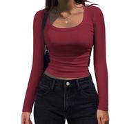 Women's Long Sleeve Scoop Neck Shirts Casual Slim Fit Rib Knit Tops Summer Fall Basic Business Work Tee(Wine red,XS)