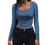 Women's Long Sleeve Scoop Neck Shirts Casual Slim Fit Rib Knit Tops Summer Fall Basic Business Work Tee(Blue,XXL)