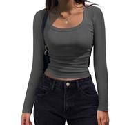 Women's Long Sleeve Scoop Neck Shirts Casual Slim Fit Rib Knit Tops Summer Fall Basic Business Work Tee(Gray 1,XXL)