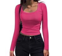 Women's Long Sleeve Scoop Neck Shirts Casual Slim Fit Rib Knit Tops Summer Fall Basic Business Work Tee(Rose red,XXL)