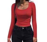 Women's Long Sleeve Scoop Neck Shirts Casual Slim Fit Rib Knit Tops Summer Fall Basic Business Work Tee(Red,XXL)