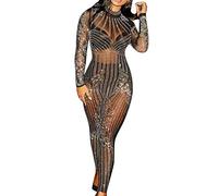 Womens Long Sleeve See Through Mesh Rhinestone Sparkly Bodycon Jumpsuit Clubwear Black XL
