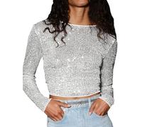 Women's Long Sleeve Sequin Tops Party Sparkle Glitter Shimmer Embellished Shirt Crew Neck Slim Fit Crop Top Blouse (A-Silver, S)