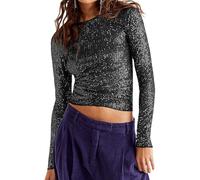 Women's Long Sleeve Sequin Tops Party Sparkle Glitter Shimmer Embellished Shirt Crew Neck Slim Fit Crop Top Blouse (A-Black, S)