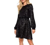 Women's Long Sleeve Sequined Dress Chic and Elegant Evening Cocktail Round Neck, Shiny Casual Knee-Length Party, Ceremony Vintage Dresses Black
