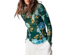 Womens Long Sleeve Sheer Mesh Top Floral Patterned Mock Neck See Through Layering Tees Shirts Sexy Vintage Y2K Top (Green, L)