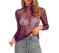 Women's Long Sleeve Sheer Top: Women's Mesh Blouse Transparent Mesh Top Sexy Black Mesh T-Shirt Transparent Long Sleeve Mesh Tops Club Mesh Tunic Clubwear Party, purple, XL