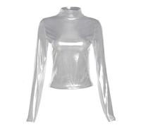 Women's Long Sleeve Shiny Tops, Metallic Liquid Mock Neck Turtleneck Tops, Slim Fit Casual Pullovers Tunic for Clubwear, Solid Leather Look Tee Top Blouse, Sexy Party Tank Tops Dance Club T-Shirt