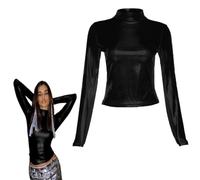 Women's Long Sleeve Shiny Tops, Metallic Liquid Mock Neck Turtleneck Tops, Slim Fit Casual Pullovers Tunic for Clubwear, Solid Leather Look Tee Top Blouse, Sexy Party Tank Tops Dance Club T-Shirt
