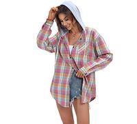 Women's Long Sleeve Shirt Fall Flannel Plaid Blouse Tops Casual Button Down Hoodies