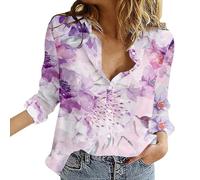 Womens Long Sleeve Shirt Patterned 2024 Blouse Top Women's Shirts Floral Print Button Down Shirt Fashion Lightweight Long Sleeve Blouse Spring Summer Casual Tops Winter Shirts for Men UK (Purple, M)