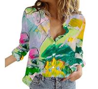 Womens Long Sleeve Shirt Patterned 2024 Blouse Top Women's Shirts Floral Print Button Down Shirt Fashion Lightweight Long Sleeve Blouse Spring Summer Casual Tops Winter Shirts for Men Uk (Hot Pink, L)