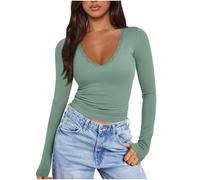 Women's Long Sleeve Shirt Sexy Ruffled Lace V Neck Slim Top Solid Colour Tight Crop Baby Tee Y2k Going Out Tops Lightweight Basic Layering T-Shirt Streetwear Fashion